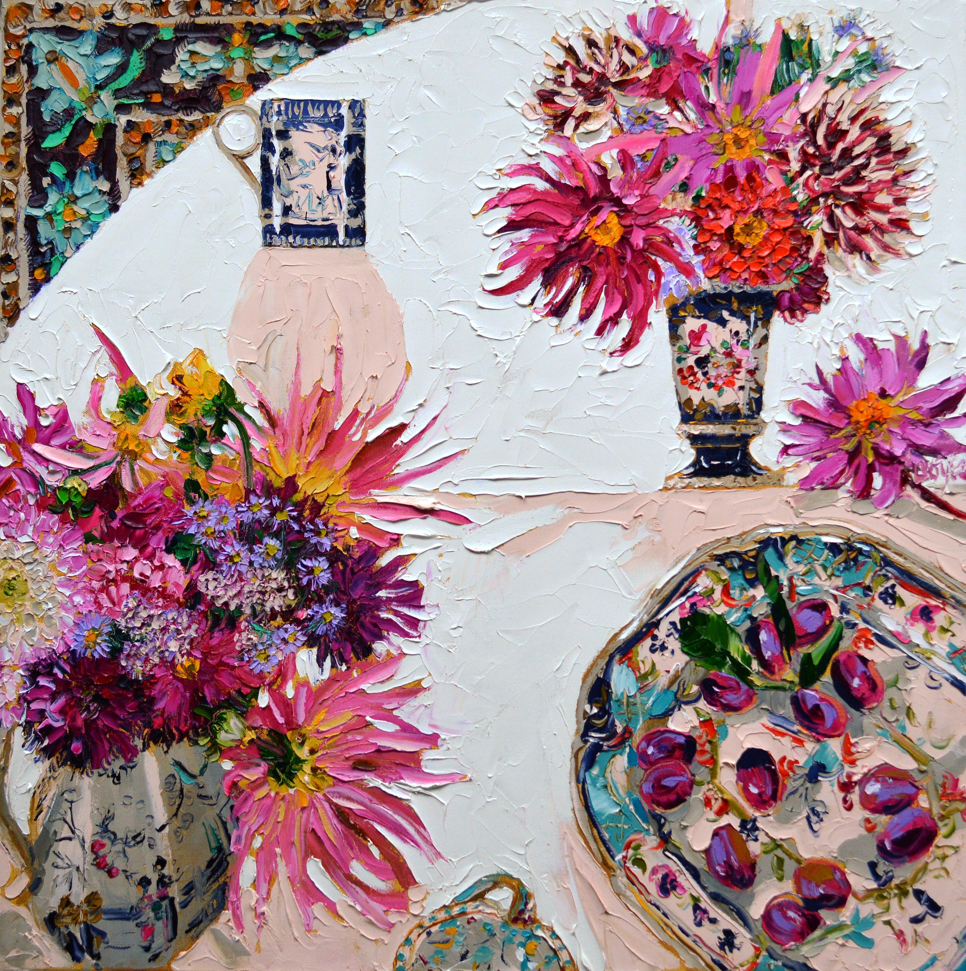 Still life with Dahlias and Plums by Lucy Doyle